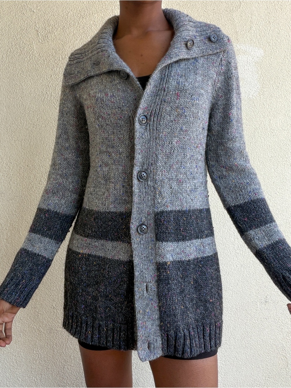 Talbots Two-Tone Gray Striped Button-Up Knit Cardigan